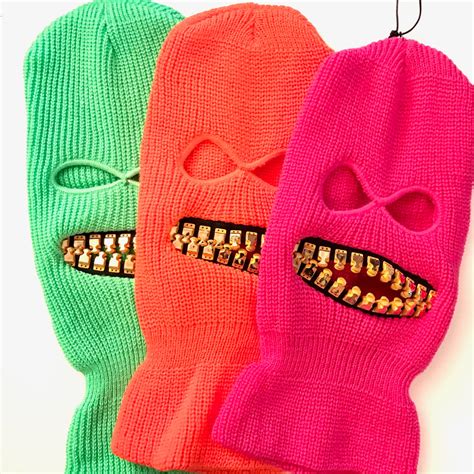 Neon Ski Mask With Gold Teeth Zipper Mouth Zefstyle Grill Teeth Face