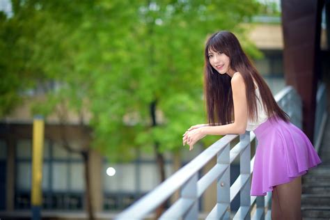 Wallpaper Trees Women Model Depth Of Field Long Hair Brunette Looking At Viewer Asian