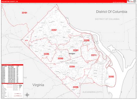 Arlington County Va Zip Code Wall Map Red Line Style By Marketmaps