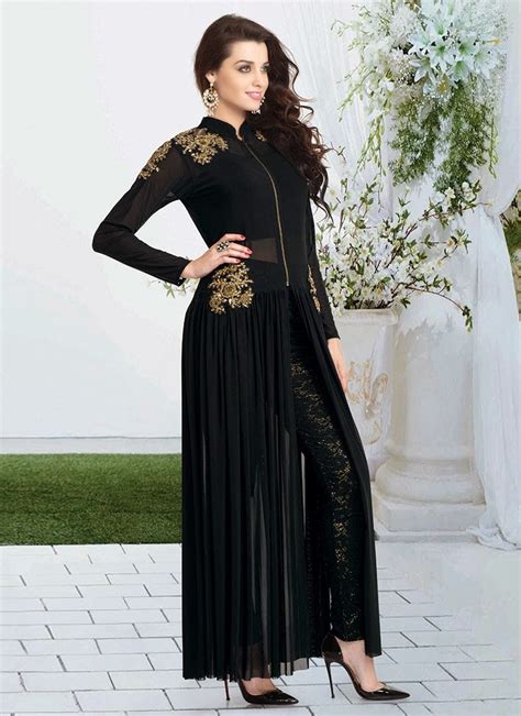 Sizzling Black Party Wear Dress With Golden Embroidery