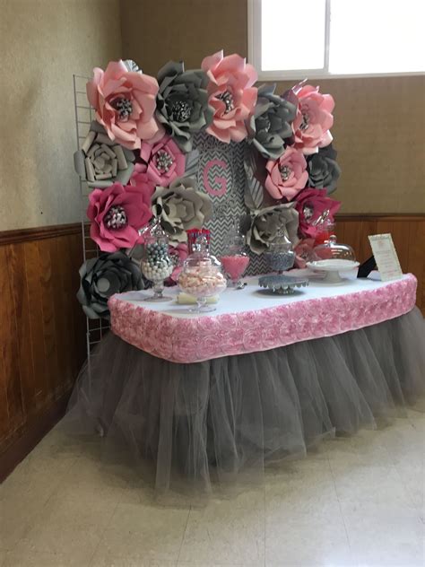 Puffy wedding dresses 2011 black wedding center pieces grey and pink wedding colors. Pink and Grey Candy Table Paper flower backdrop BabyShower ...