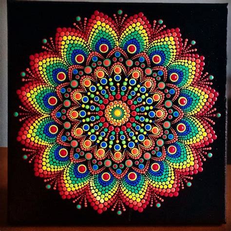 Rainbow Burst Dot Mandala On Black Stretched Canvas 10 X Etsy