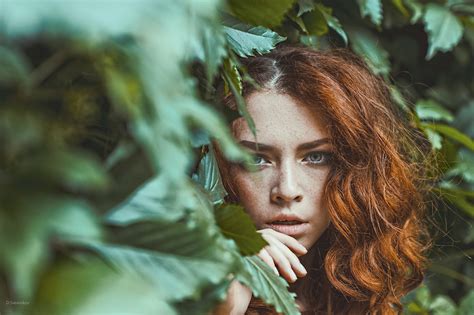 Wallpaper Women Outdoors Redhead Blue Eyes Leaves Wavy Hair Freckles Depth Of Field