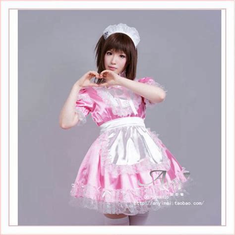 Sexy Sissy Maid Satin Pink Dress Lockable Uniform Cosplay Costume