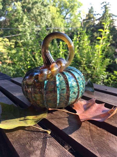 Small Turquoise Hand Blown Glass Pumpkin With Gold Stem Etsy