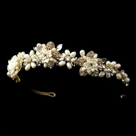 Pearl And Rhinestone Gold Floral Headband Tiara Elegant Bridal Hair
