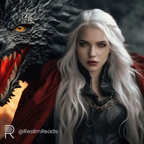 A Woman With White Hair Standing Next To A Dragon
