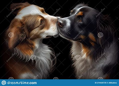 Two Dogs, with Their Heads Together and Tails Wagging, Sharing an