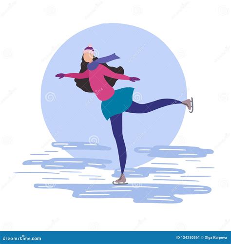 Woman Skating On Ice Rink Flat Design Vector Illustration Stock