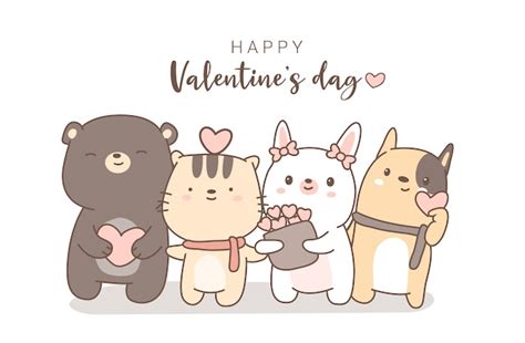 Happy Valentines Day With Cute Animal Cartoon Drawn Style Télécharger
