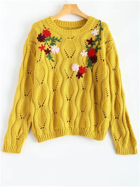 35 Off 2021 Floral Embroidered Cut Out Pullover Sweater In Yellow