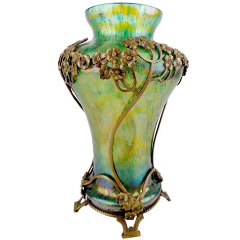 Art Nouveau Kralik Glass Vase With Flower Bronze Overlay 1900s Tiffany Style Glass Vase Art