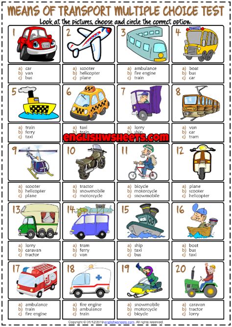 Means Of Transport Esl Printable Multiple Choice Test For Kids