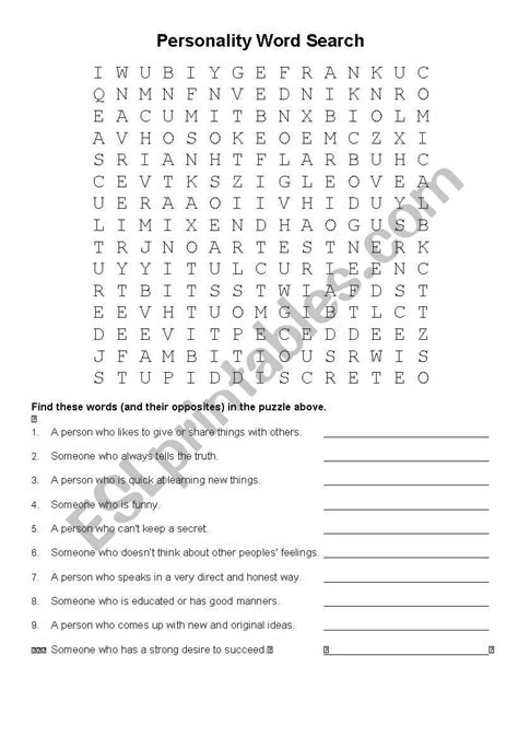 English Worksheets Personality Word Search