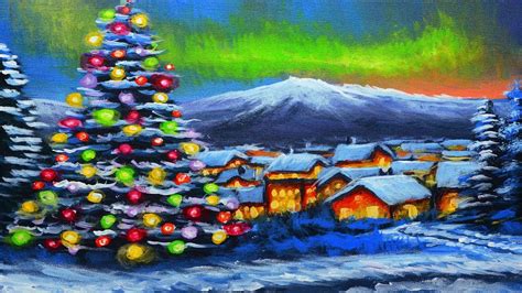 Acrylic Winter Snow Landscape Painting With Christmas Tree