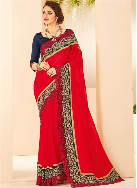 Buy Red Faux Georgette Saree Online Saree Designs Party Wear Sarees Indian Women
