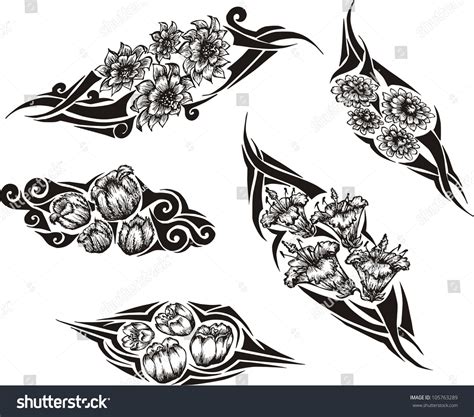Tribal Flower Tattoos Set Black White Stock Vector Royalty Free