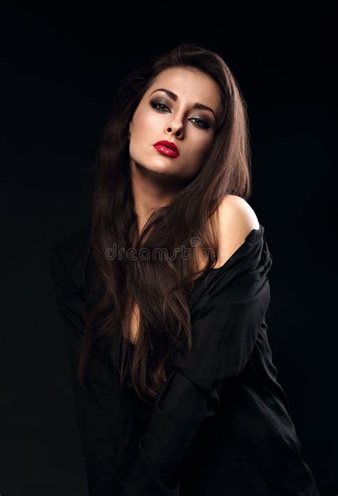 Beautiful Brunette Female Model With Long Hair Posing In Black S Stock