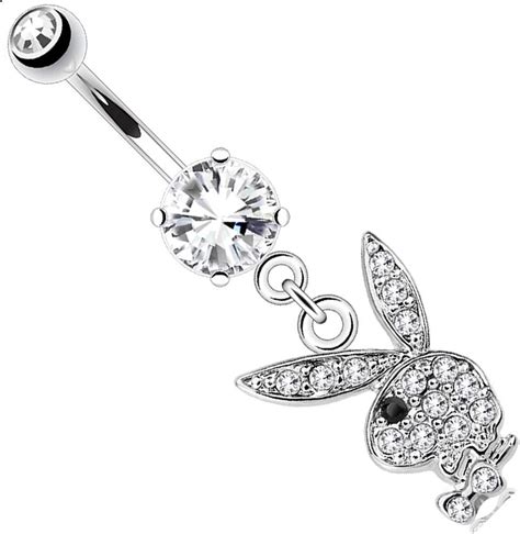 Body Accentz Belly Button Ring Multi Paved Gems On Playboy Bunny Dangle