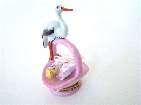 Limoges Box New Baby Stork On Pink Basket With Blonde Baby Inside