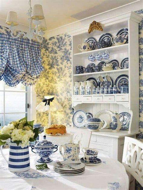 Blue Toile Wallpaper Sets The Tone In This Small French Country Kitchen