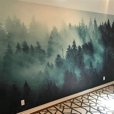 Foggy Mountain And Birds Wallpaper Removable Misty Forest Wall Etsy