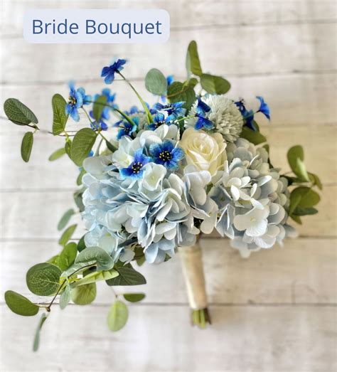 Blue Wedding Bouquet Blue Hydrangea Ivory Rose Eucalyptus Etsy