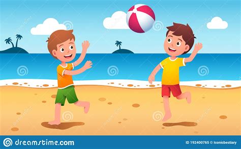 Boys Kids Playing Beach Ball At Summer Seaside Stock Vector