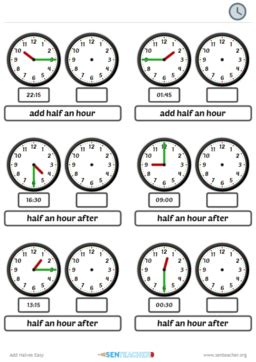 Worksheets for telling time in hours, half hours, to the nearest five minutes, and nearest minute. SEN Teacher ⋆ Clocks - Telling Time ⋆ Printable Worksheet
