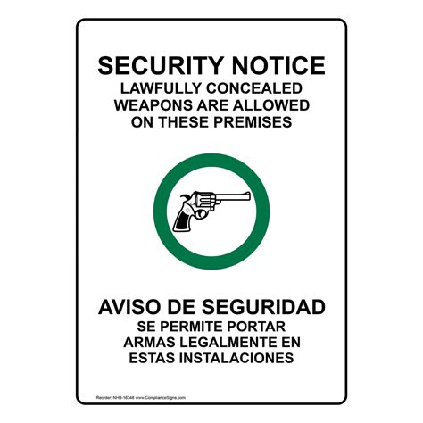 Bilingual Vertical Sign Security Notice Concealed Weapons Allowed