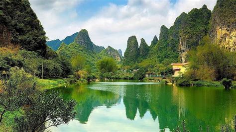 Mountain Lake Limestone China Forest Water Reflection Trees Shrubs Cliff Nature Landscape