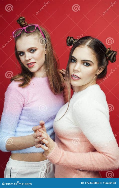 Two Best Friends Teenage Girls Together Having Fun Posing Emotional On