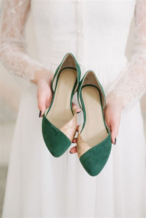 An Emerald And Gold Wedding Bridal Ballet Flats Fall Wedding Shoes