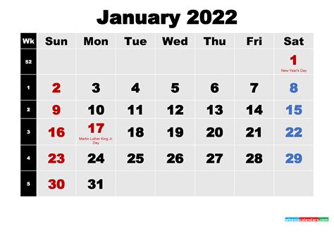 January 2022 Calendar With Holidays Wallpaper