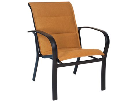 Padded and upholstered seat and backrest; Woodard Fremont Padded Sling Aluminum Dining Arm Chair ...