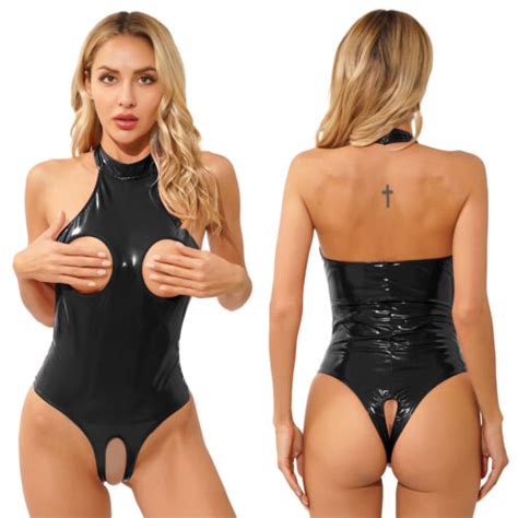 Women S Patent Leather Open Bust Halter Neck Bodysuit Wet Look Catsuits
