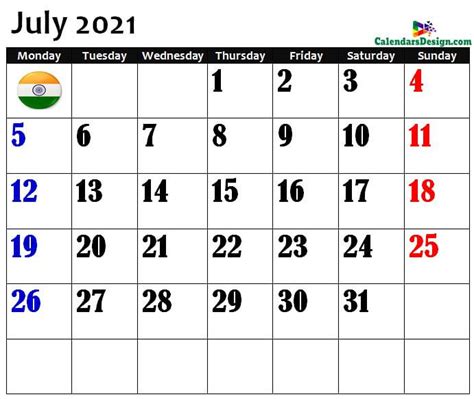 July 2021 Calendar India