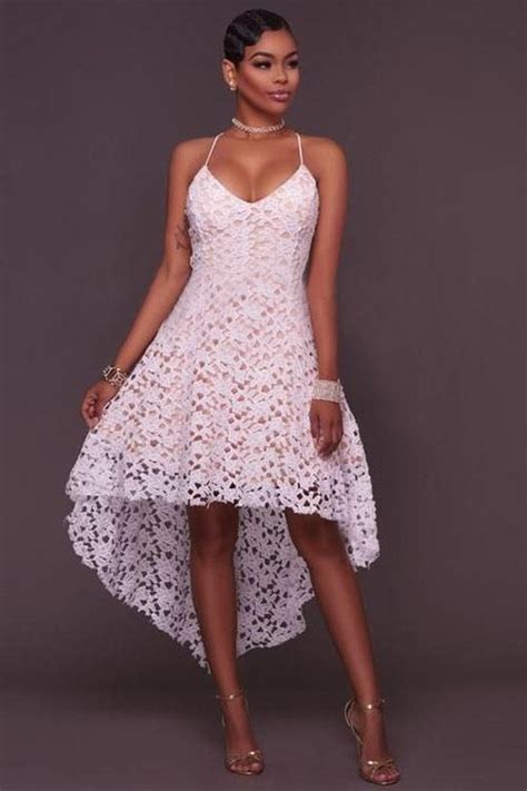 Spaghetti Straps V Neck Backless Irregular Lace Dress Lace White