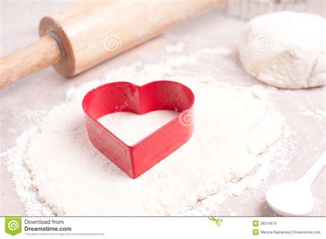 Red Heart Cookie Cutter And Rolling Pin Royalty Free Stock