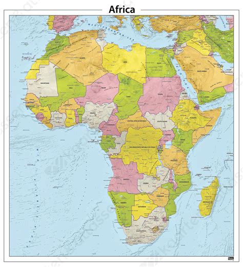Eilanden die niet op de afrikaanse continentale plaat liggen maar gewoonlijk beschouwd worden als behorend tot afrika (aangeduid met (1)); Digitale Afrika reliëf kaart 626 | Kaarten en Atlassen.nl