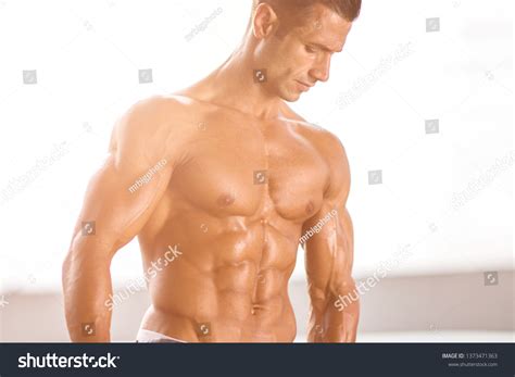 Handsome Shirtless Muscular Men Jeans Posing Stock Photo