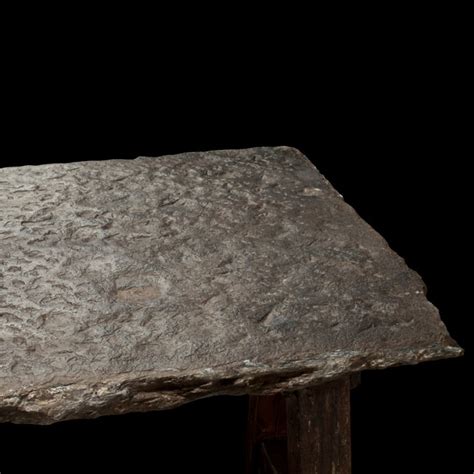 *transitional style *reclaimed pine wood trestle base *natural blue stone slab top specifications : Primitive Stone Slab Top Table at 1stdibs