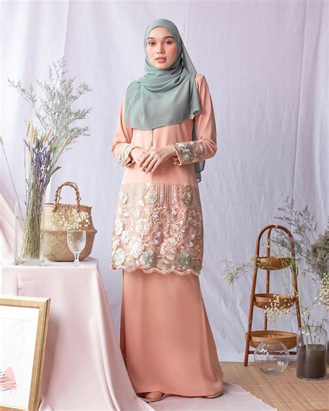 Baju Kurung Moden Lace Adira Blush Peachy Muslimahclothing Com