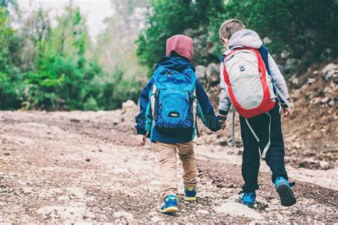 Two Boys With Backpacks Are Walking Along A Forest Path Stock Image