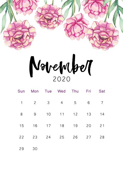 November 2020 Printable Calendar Cute Calendar Vintage Calendar