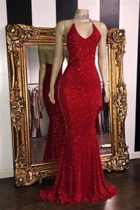 Simple V Neck Red Glitter Sequins Prom Dresses Mermaid Halter Backless Formal Dress Om16 Us2