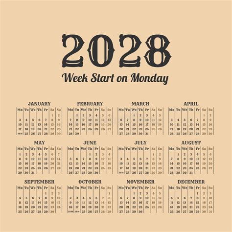 Calendario Simple De 2028 Años Ilustración Del Vector Ilustración De