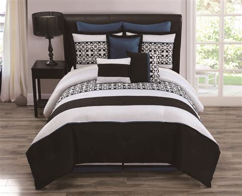 Give your bedroom cozy vibes with this textured quilt. 9 Piece Queen Lexi Black/White/Teal Bedding Comforter Set ...