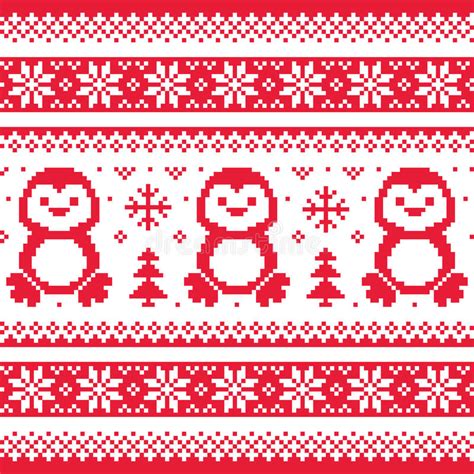 Christmas Winter Knitted Pattern With Penguins Scandinavian Sweater