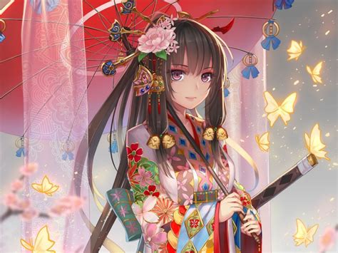 Katana Anime Girl In Kimono With Sword